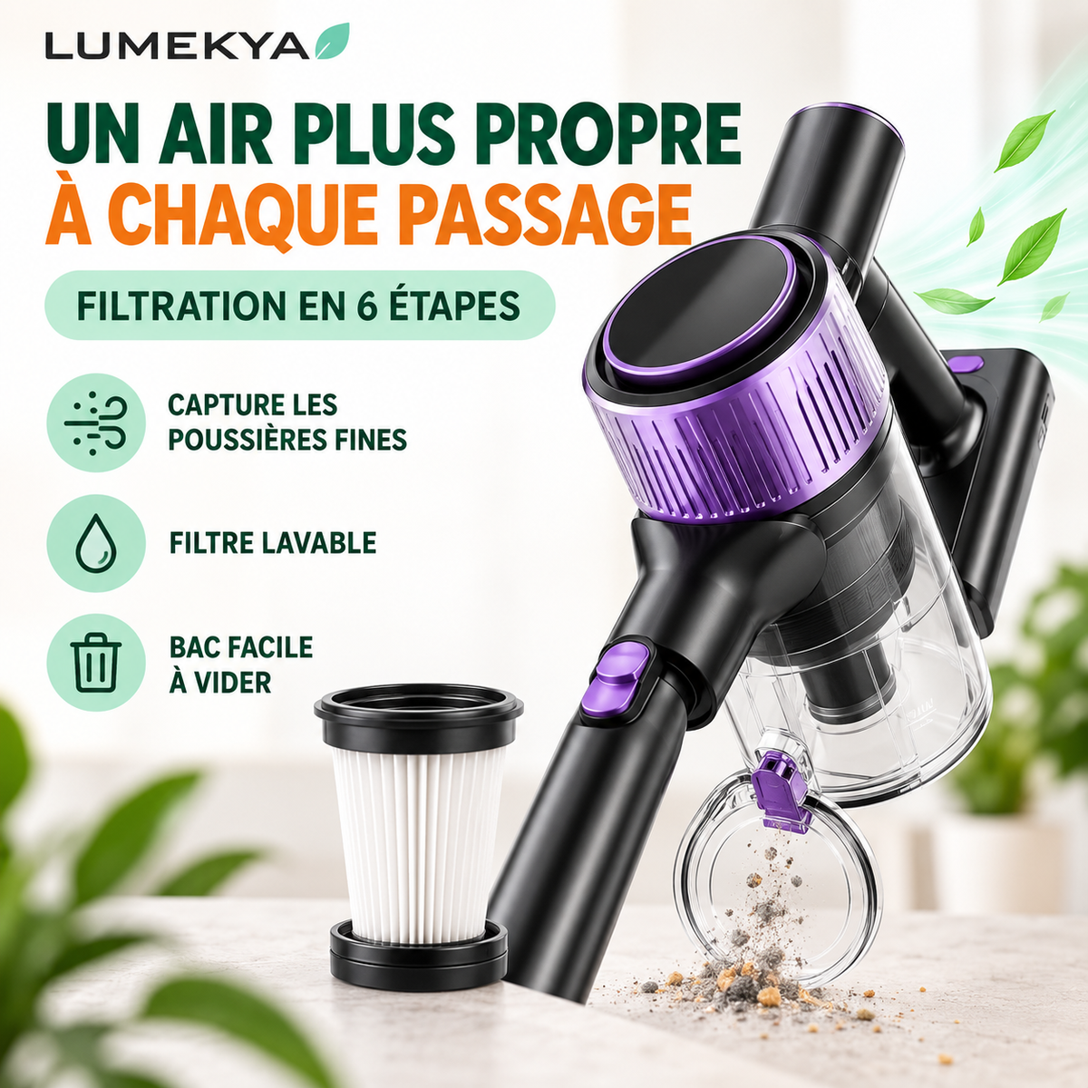 Aspirateur balai sans fil 10-en-1 LUMEKYA – 40 kPa