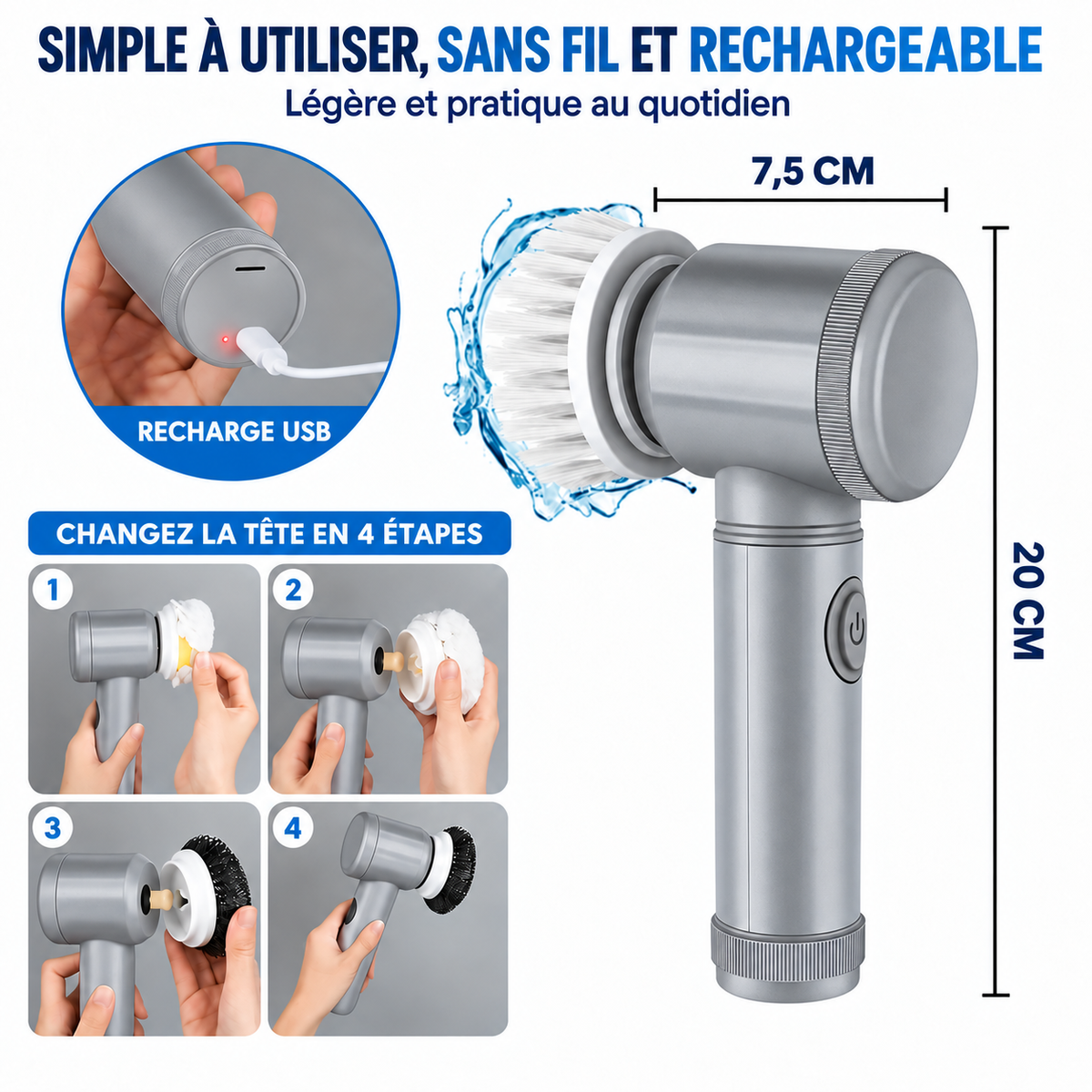 Brosse Électrique de Nettoyage Sans Fil - 5 Têtes Interchangeables 