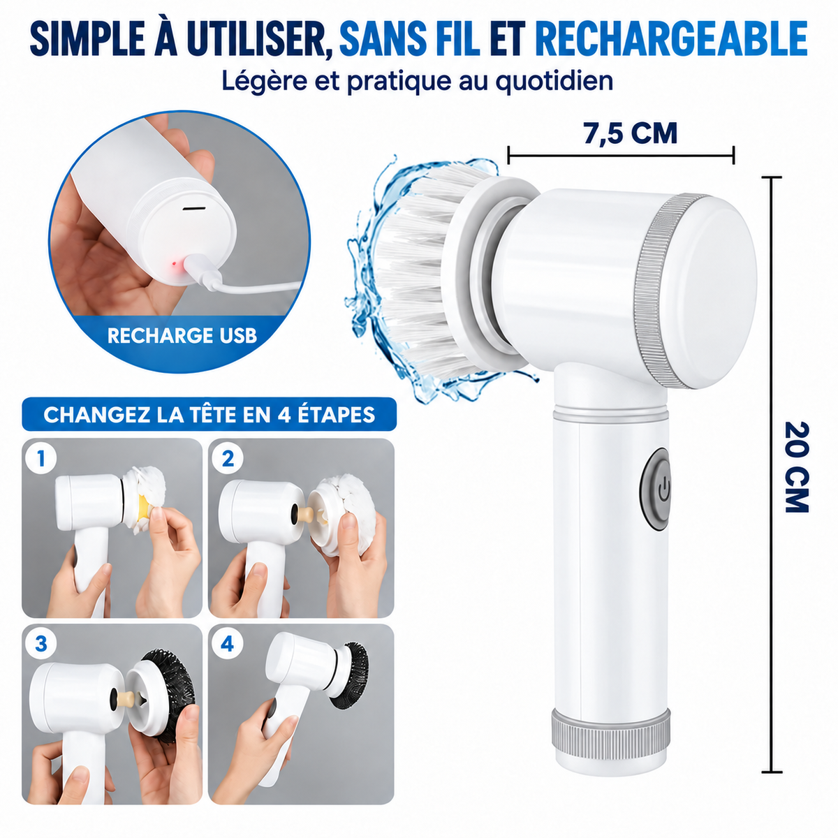 Brosse Électrique de Nettoyage Sans Fil - 5 Têtes Interchangeables 