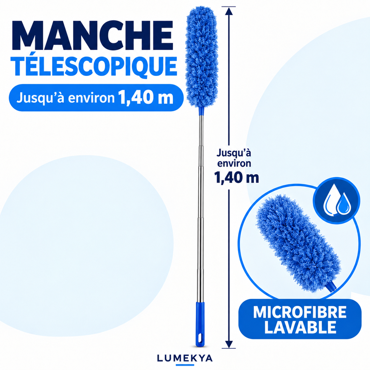 Plumeau Rétractable Extra-Long - Manche Extensible De 55,12 Pouces Avec Tête Flexible, Brosse En Microfibre Bleue Lavable Et Réutilisable Pour Les Surfaces Hautes