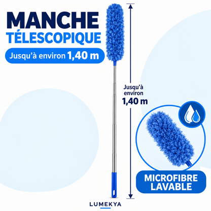 Plumeau Rétractable Extra-Long - Manche Extensible De 55,12 Pouces Avec Tête Flexible, Brosse En Microfibre Bleue Lavable Et Réutilisable Pour Les Surfaces Hautes