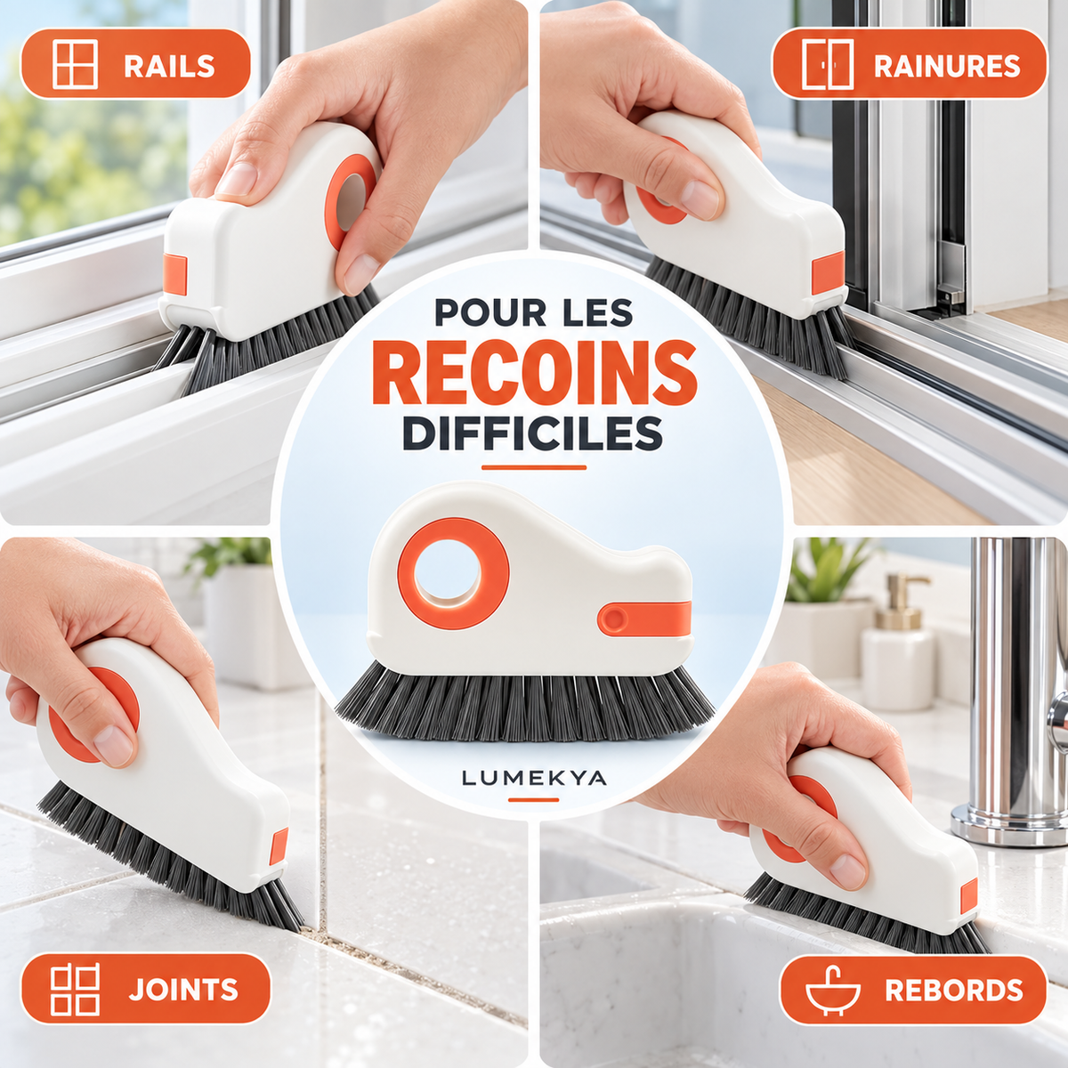 Brosse de nettoyage 2-en-1 LUMEKYA – Rails et rainures