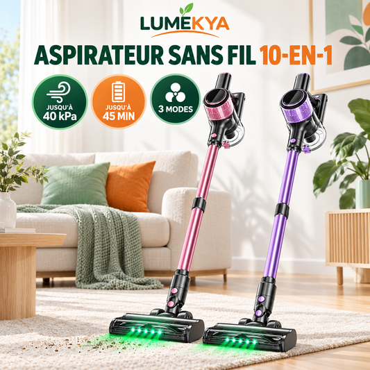 Aspirateur balai sans fil 10-en-1 LUMEKYA – 40 kPa