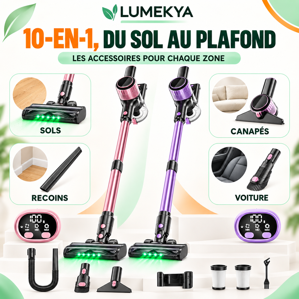 Aspirateur balai sans fil 10-en-1 LUMEKYA – 40 kPa