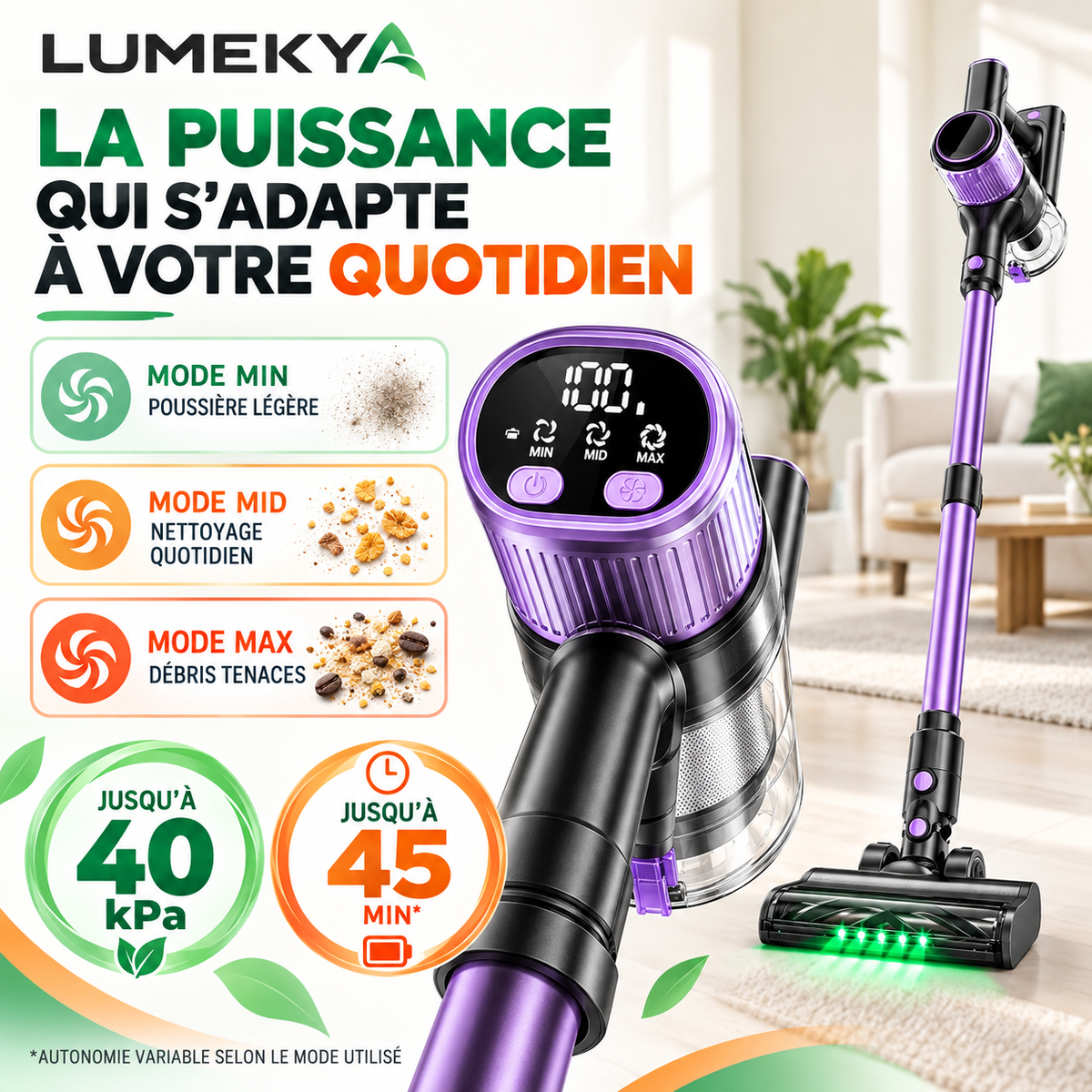 Aspirateur balai sans fil 10-en-1 LUMEKYA – 40 kPa