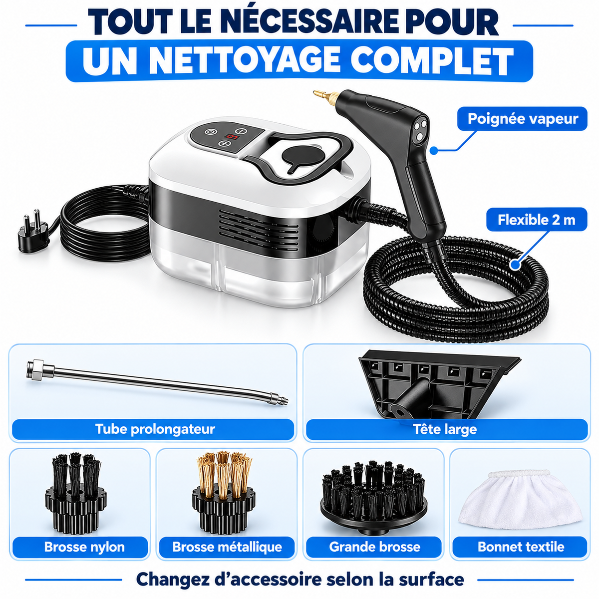 Nettoyeur vapeur haute pression LUMEKYA – 4,5 bars, réservoir 1,2 L
