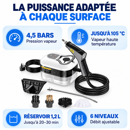 Nettoyeur vapeur haute pression LUMEKYA – 4,5 bars, réservoir 1,2 L